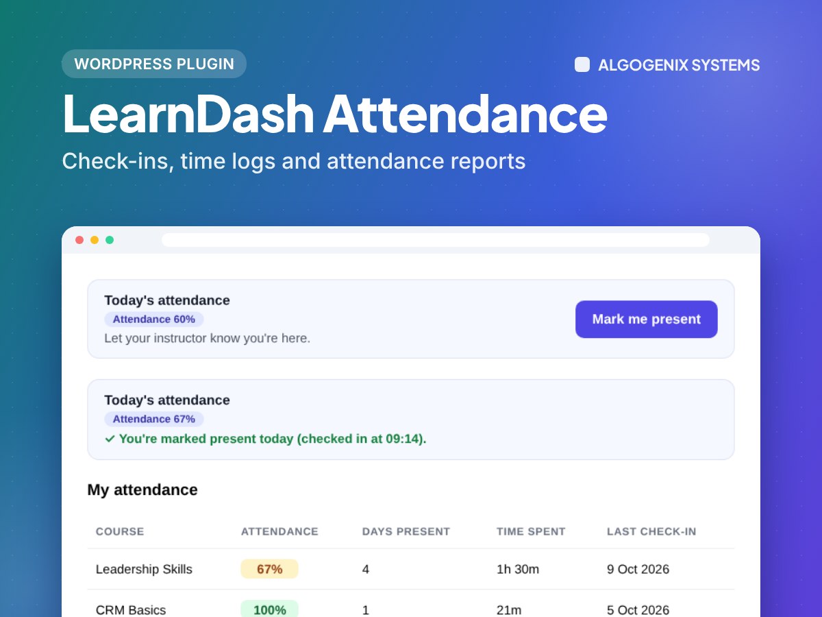 LearnDash Attendance Manager – Check-ins, time logs and attendance reports