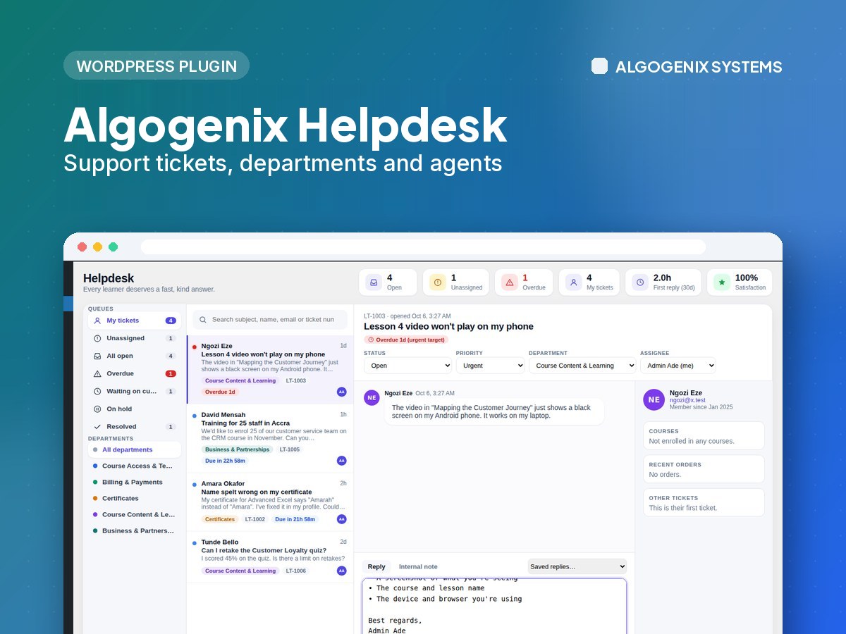 Algogenix Helpdesk – Support tickets, departments and agents